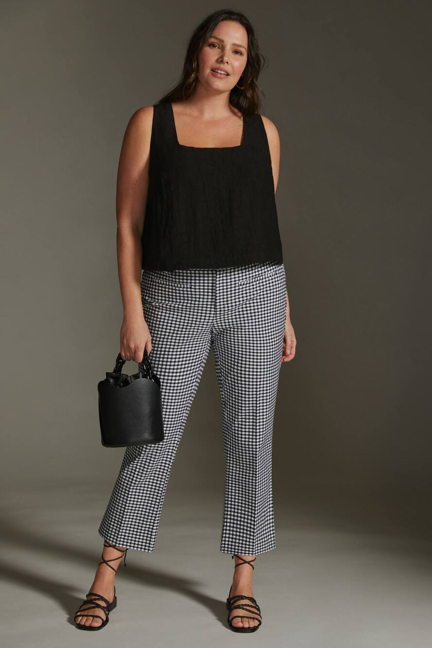 New Anthropologie The Essential Slim Kick Gingham Flare Pants $128 US 4 B&W Crop